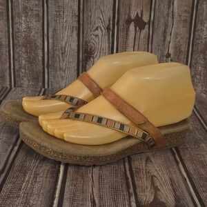 Sz 6 Aetrex Tan Leather Multi Color Orthotic Comfort Thong Slides Sandals VGUC!